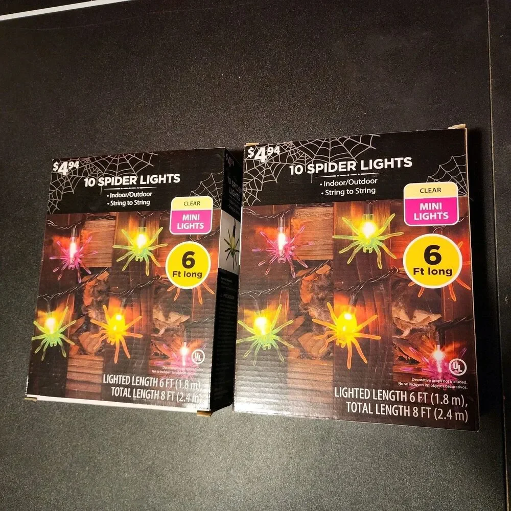 Lot Two NIB 6' Strands Of 10 Each Spider Lights Halloween Witchy Dorm Goth